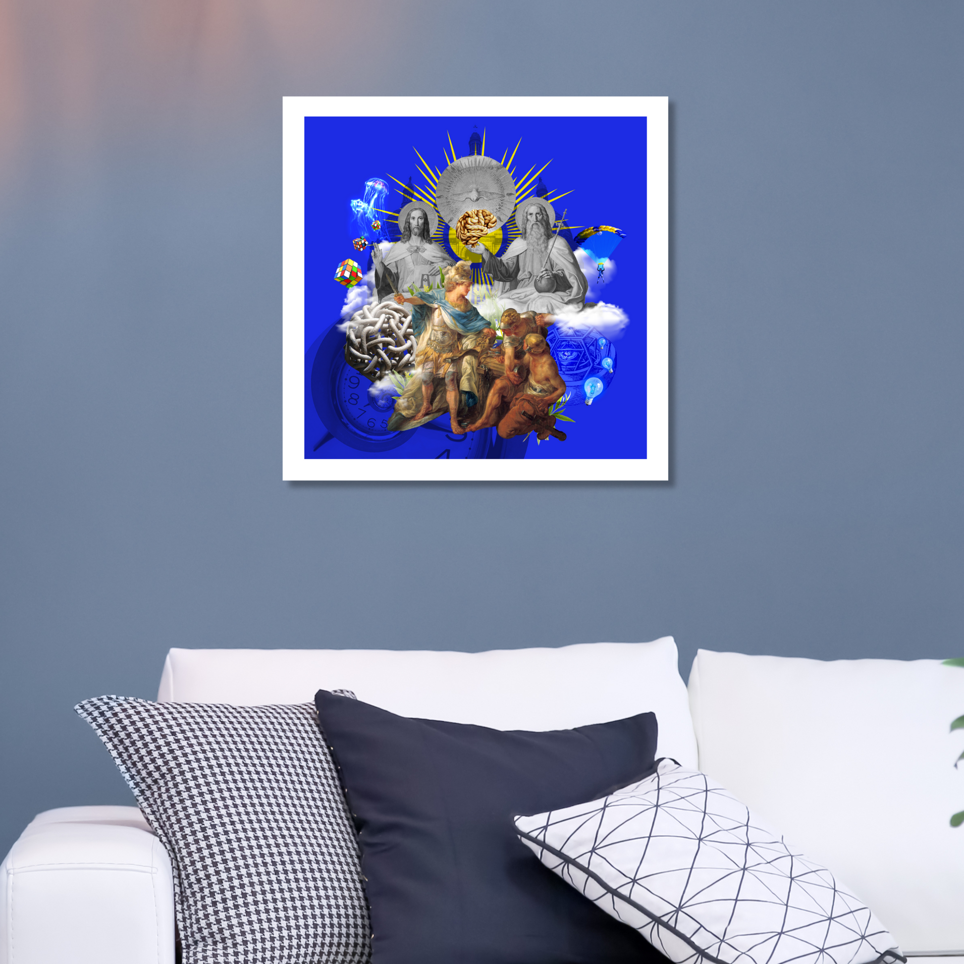 The Gordian Knot Art Print displayed on a wall in a home setting, showcasing detailed digital artwork that explores the symbolic complexity of the Gordian Knot.