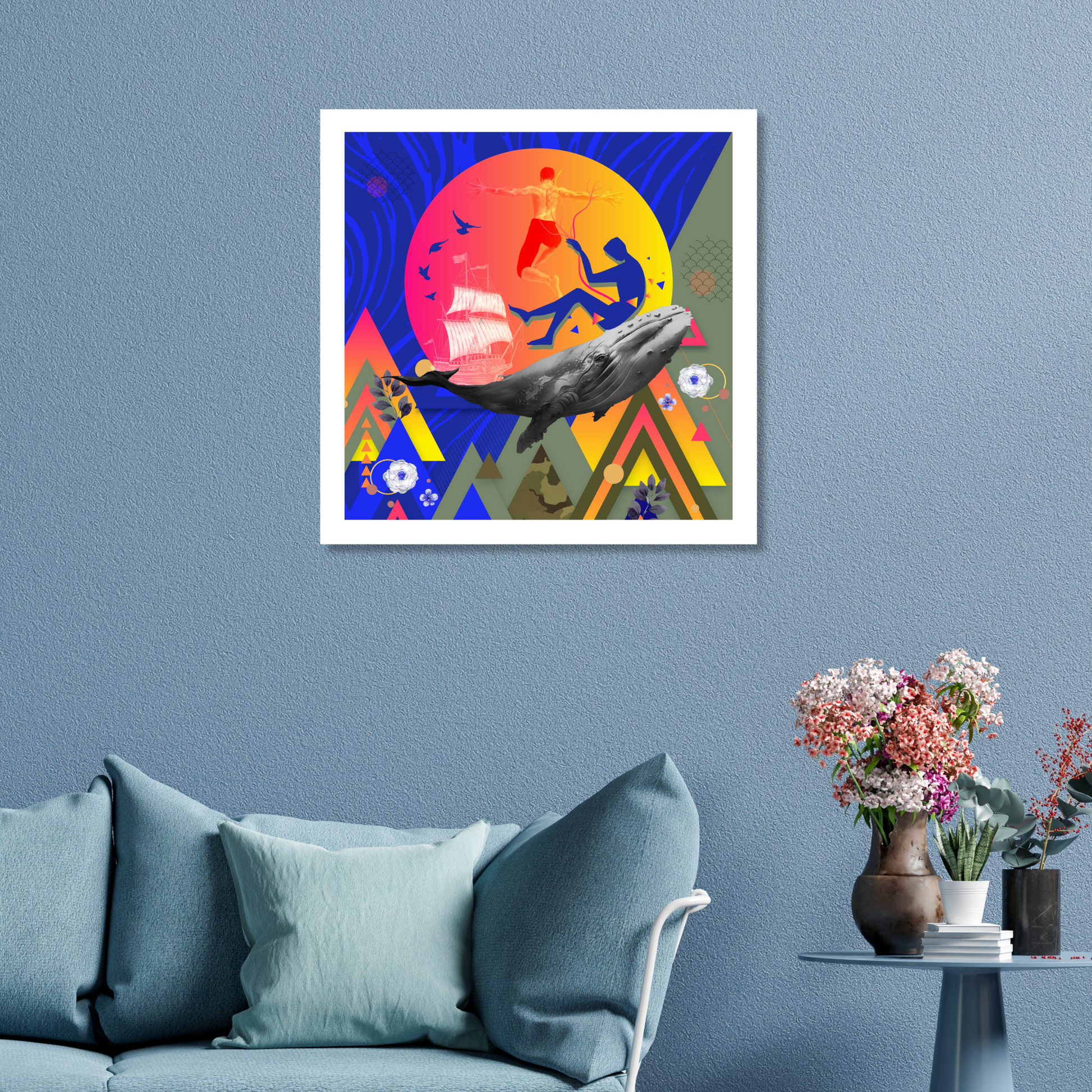 The Hero Art Print (First Edition) displayed in a living room, showcasing bold digital artwork of a hero, adding a touch of inspiration and originality to the wall decor.