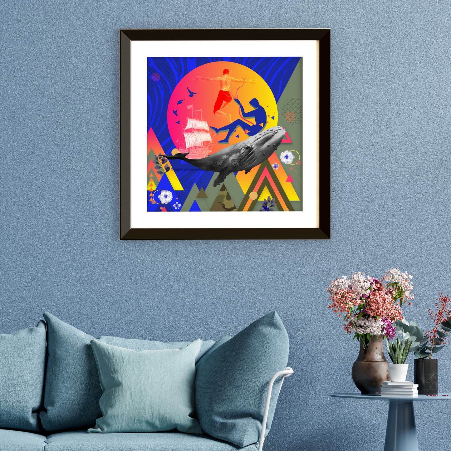 The Hero Art Print (First Edition) framed and displayed on a home wall, showcasing its dramatic and inspirational digital artwork, perfect for adding elegance to home or office decor.