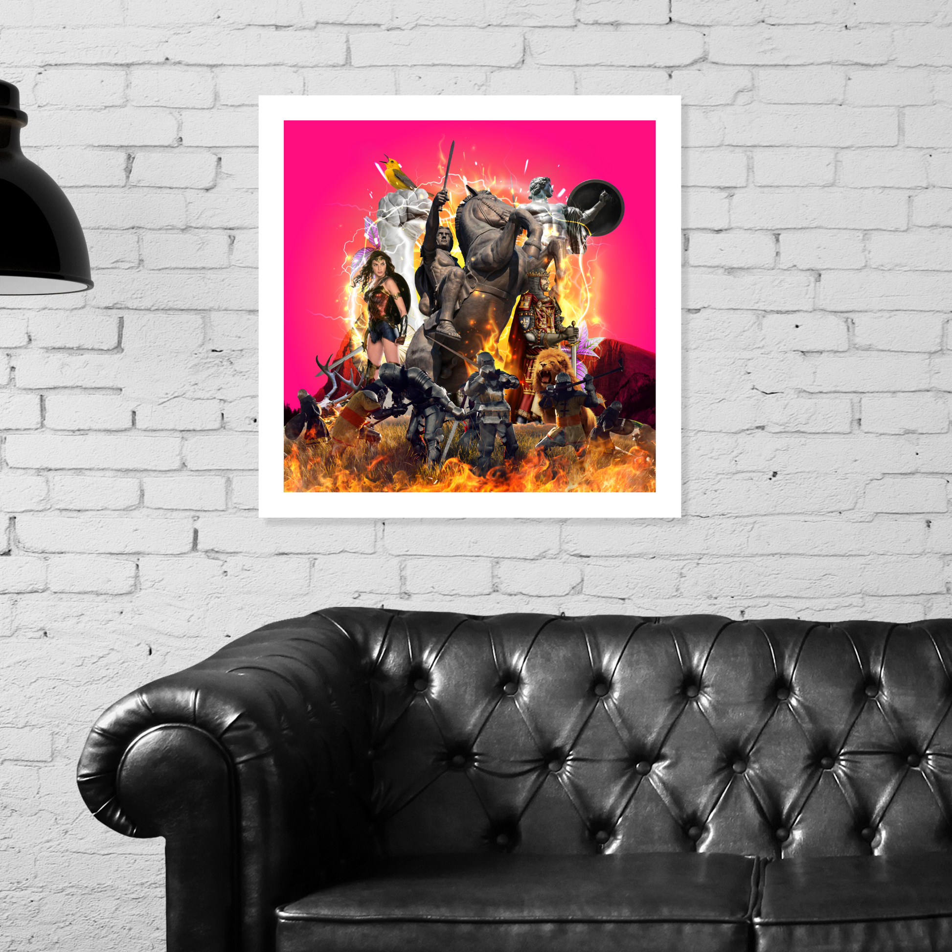 The Hero Art Print (Second Edition) is displayed on a wall in a modern living room depicting the Hero archetype, perfect for home and office decor.