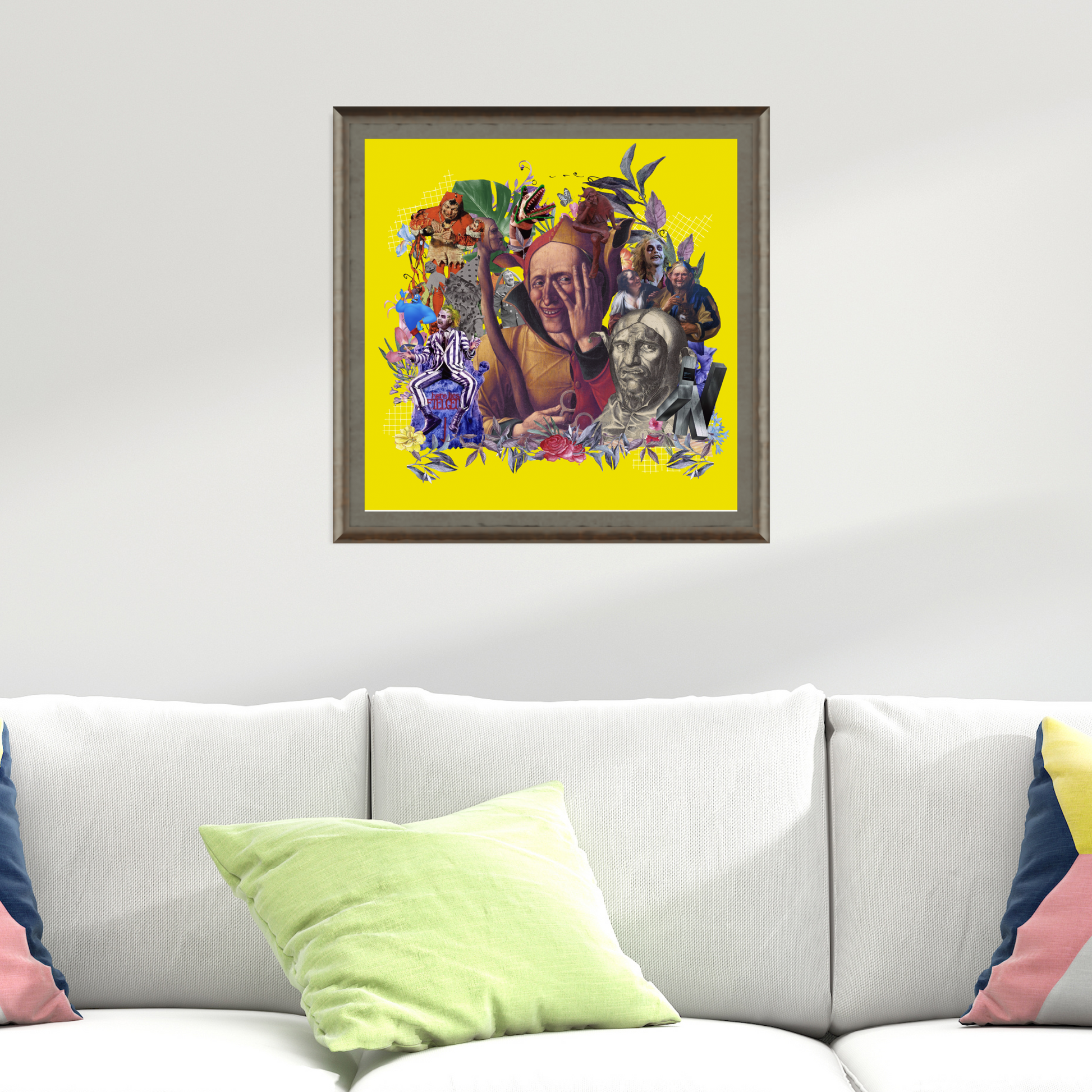 The Joker Art Print framed and hung on a home wall to enhance any home or office decor with vibrant colors and intriguing design.