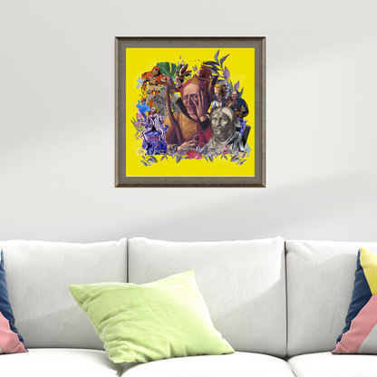 The Joker Art Print framed and hung on a home wall to enhance any home or office decor with vibrant colors and intriguing design.