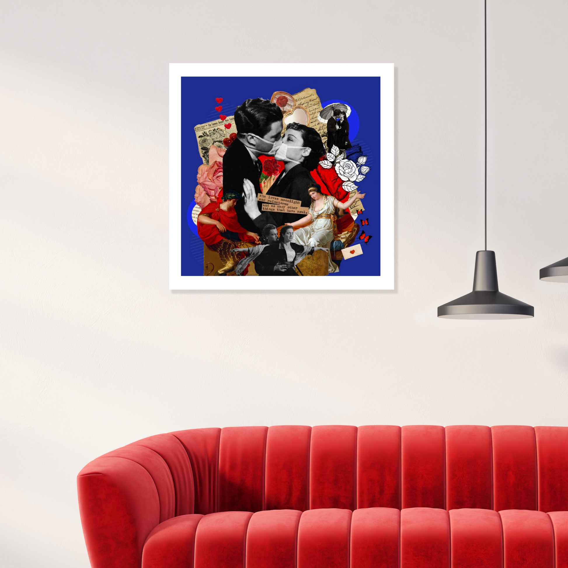 The Lover Art Print hanging on a living room wall, showcasing its digital artwork of connection and beauty, enhancing the home with elegant and meaningful decor.
