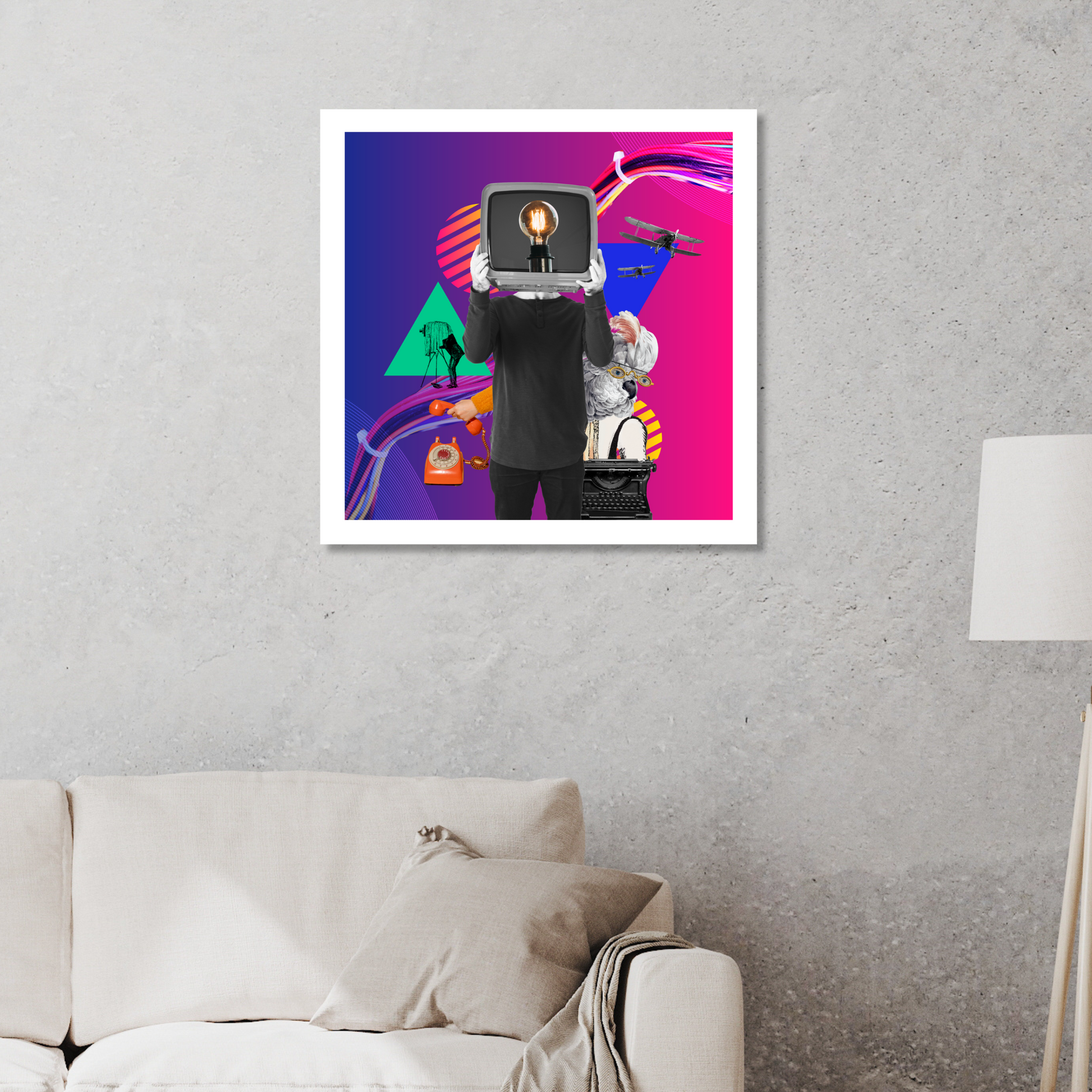 The Magic Weapon Art Print displayed on a home wall, with vibrant digital artwork featuring archetype symbols and technology elements such as a television, telephone, and jet plane.