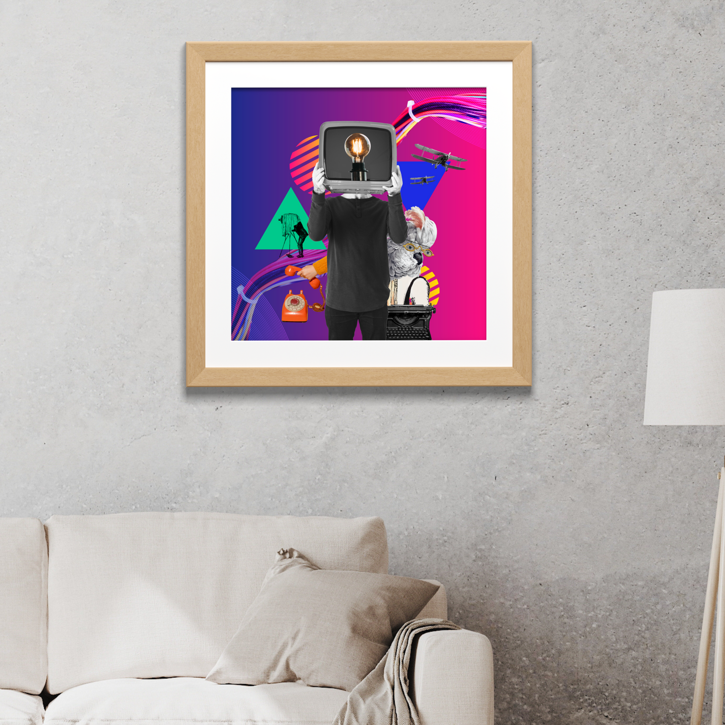 Framed The Magic Weapon Art Print hanging on a home wall, showcasing an interesting digital artwork with archetype symbols and technology items like a camera and typewriter.