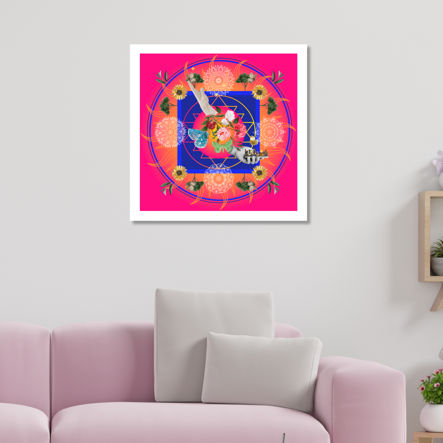 The Mandala Art Print displayed on a living room wall, showcasing its vibrant mandala design. A striking example of art prints that enhance home decor.