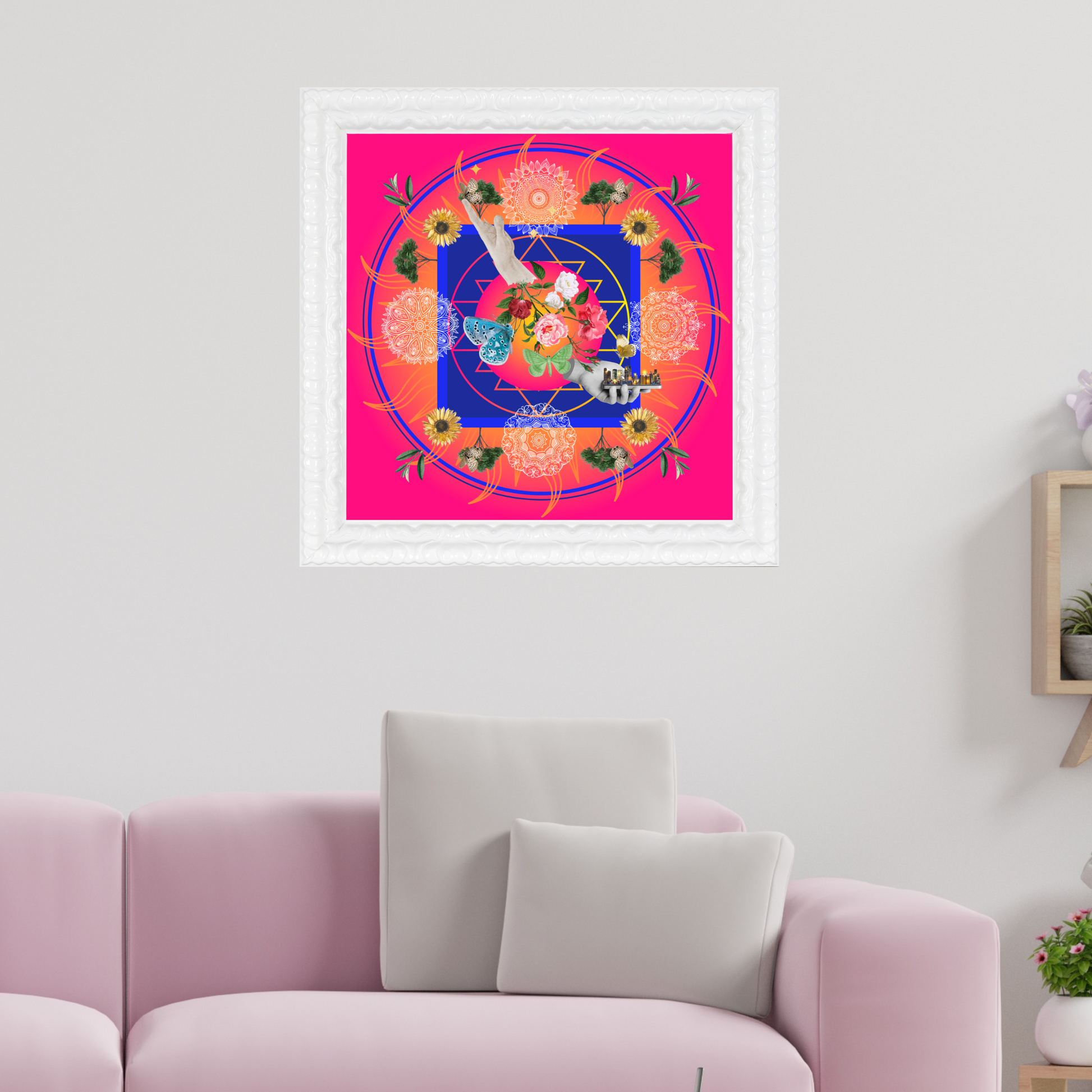 The Mandala Art Print framed and hung on the wall in an office, adding a sophisticated touch. Perfect for elevating any workspace with unique archetype art prints.