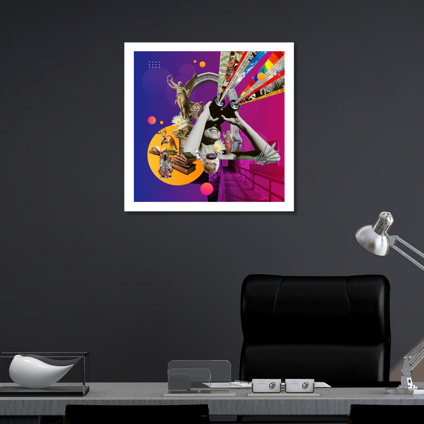 The Mentor Art Print displayed on a wall in a home, featuring captivating digital artwork that enhances the space with intellectual elegance and inspirational depth.