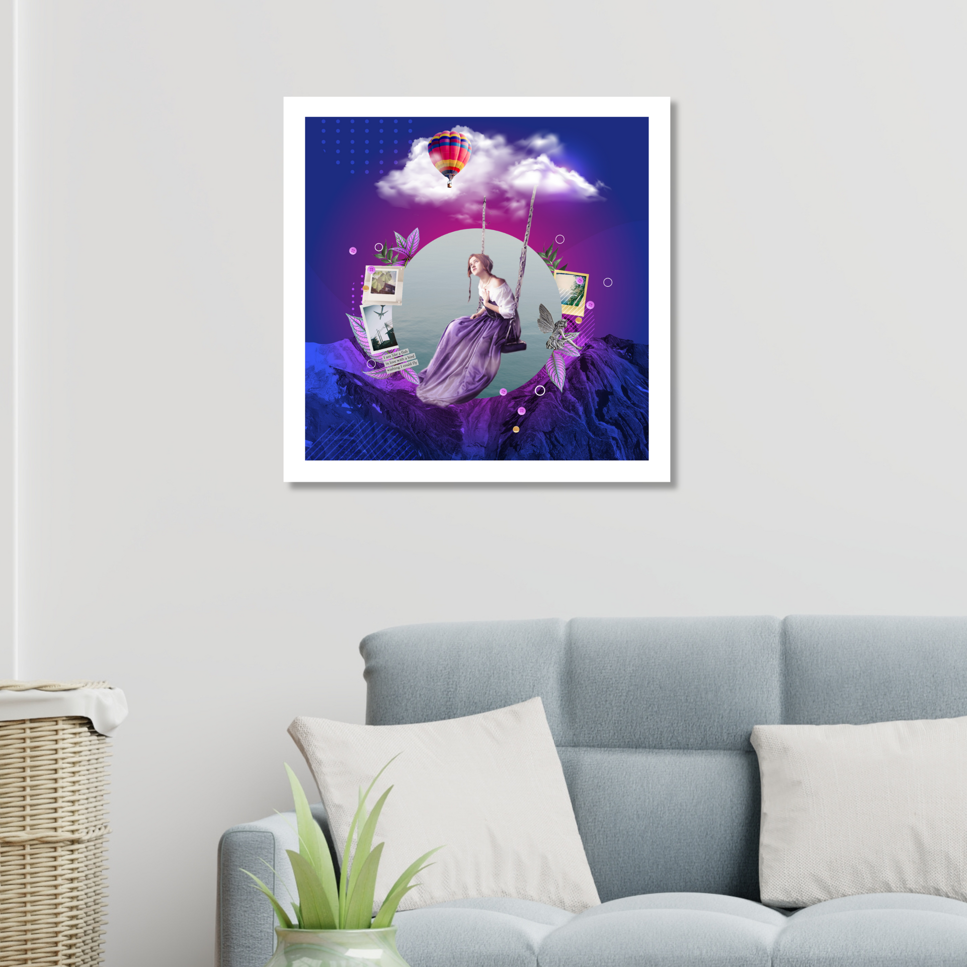 The Outcast Art Print displayed on a wall in a stylish living room. This original art print adds a distinctive touch with its compelling digital artwork and thematic depth.