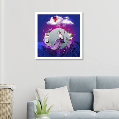 The Outcast Art Print displayed on a wall in a stylish living room. This original art print adds a distinctive touch with its compelling digital artwork and thematic depth.