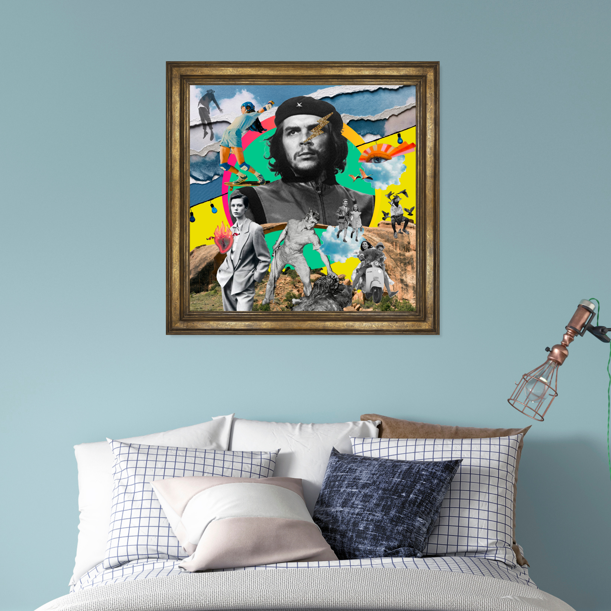 The Rebel Art Print framed and hung on a wall in an office setting. The striking digital artwork highlights the print’s bold, rebellious design