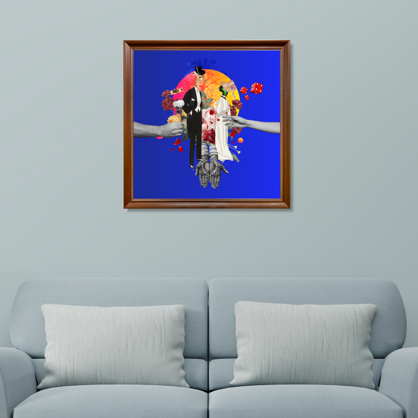 Framed The Ritual Art Print hanging on a living room wall, showcasing original digital artwork with rich ceremonial details.