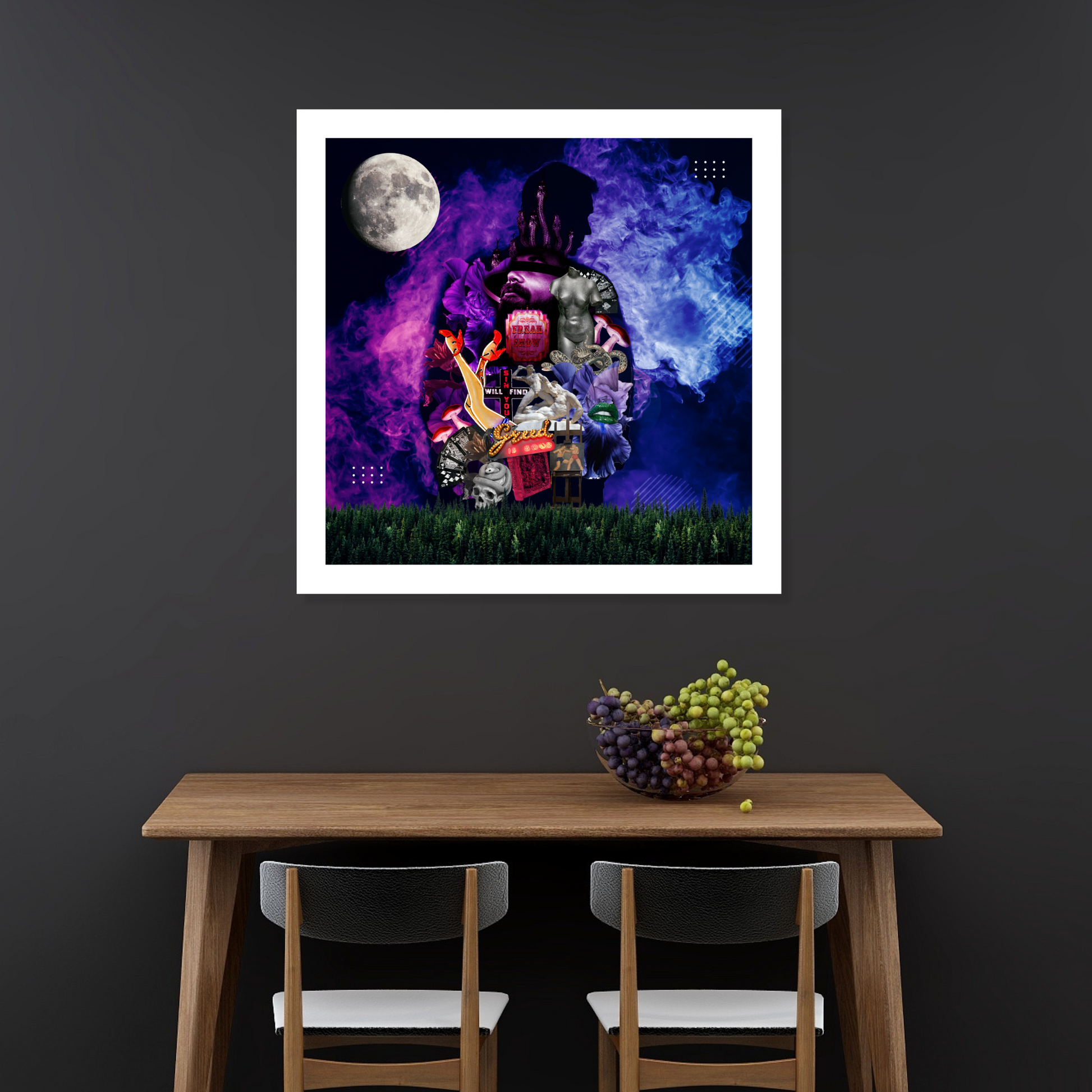 The Shadow Art Print hanging on a wall in a modern home featuring deep symbolism and digital artwork for home decor.