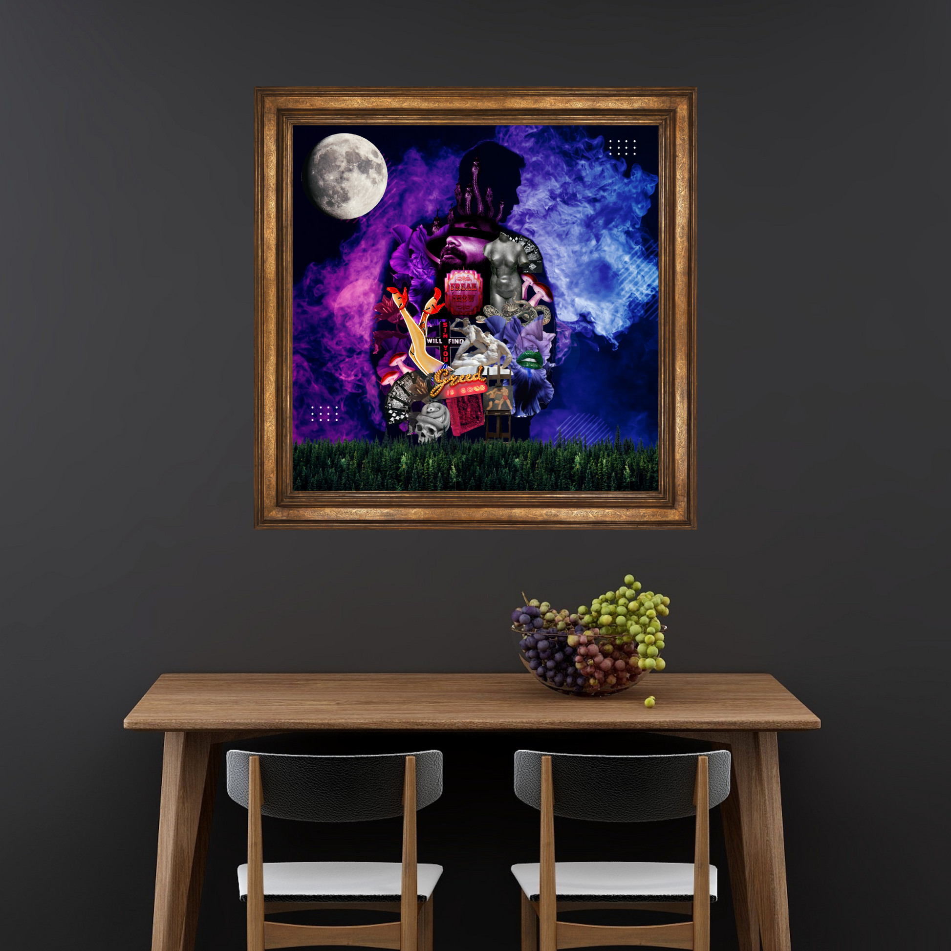 The Shadow Art Print framed and hanging on a wall showcasing hidden aspects of personality and adding a unique touch to home decor.