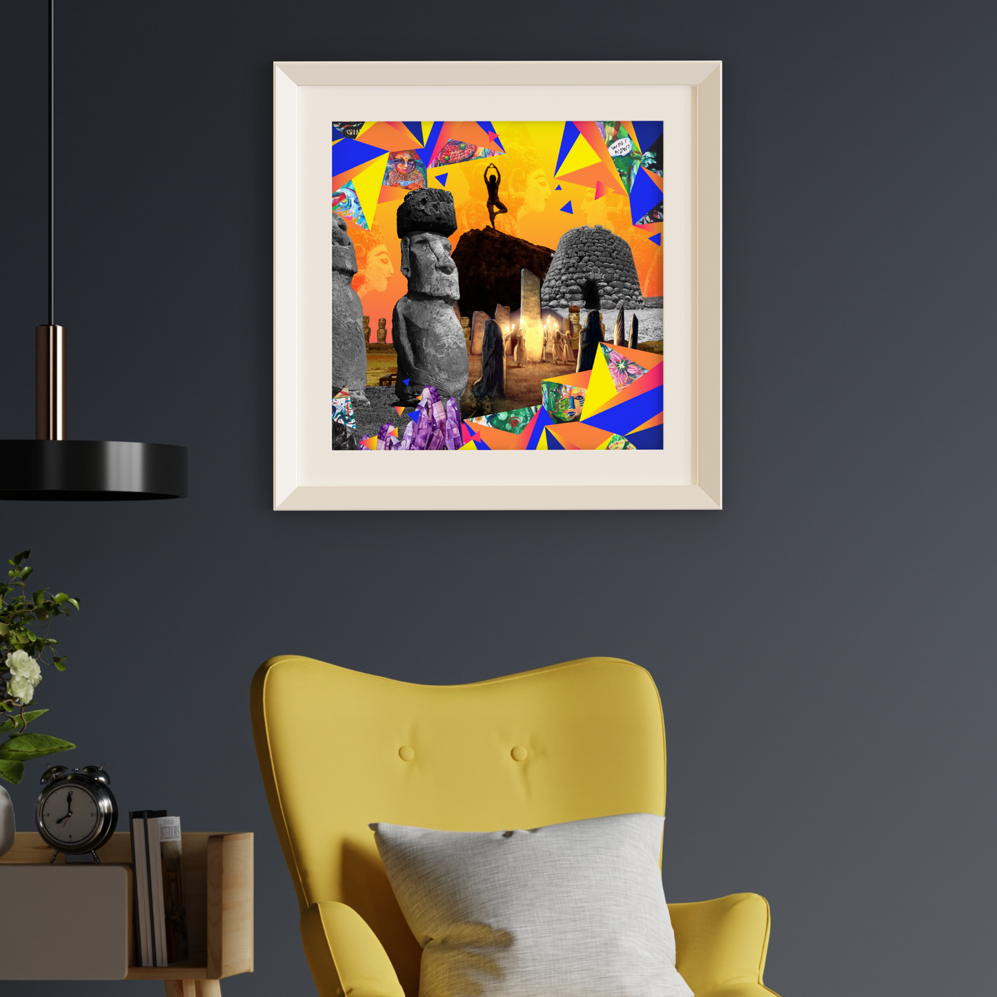Framed in white frame Stones Art Print hanging on a living room wall, showcasing high-quality digital artwork of stones, adding a touch of elegance and depth to the home decor.