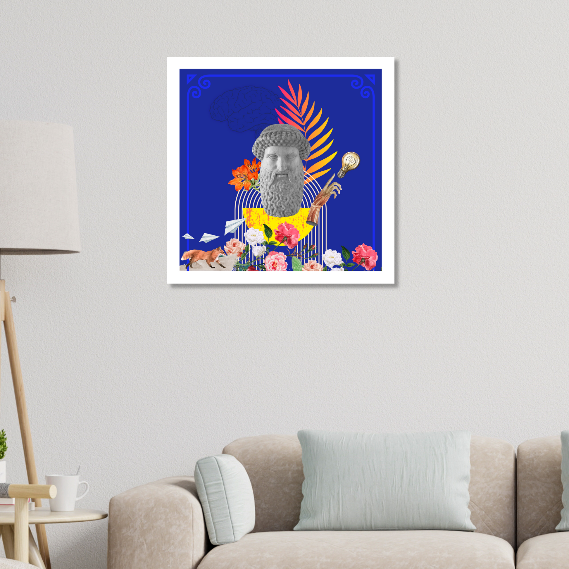 The Trickster Art Print hanging on a living room wall with an engaging art piece showcasing a whimsical figure, bringing creativity and intrigue to your home environment.