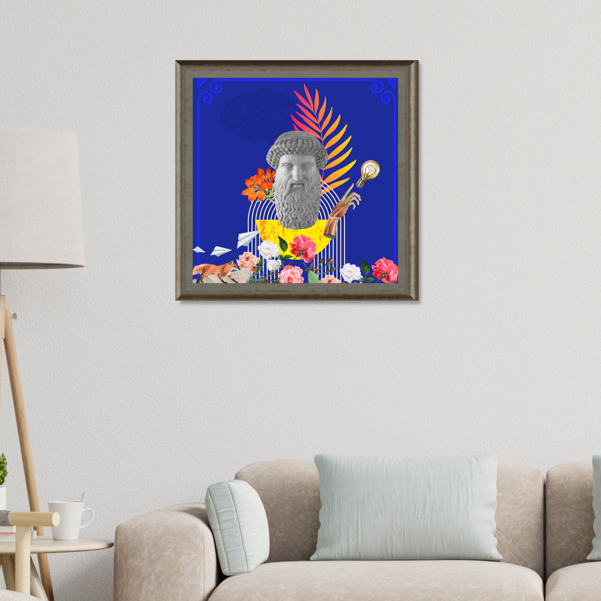 Framed Trickster Art Print displayed in a stylish home setting with a captivating digital artwork that adds a touch of humor and sophistication to any room.