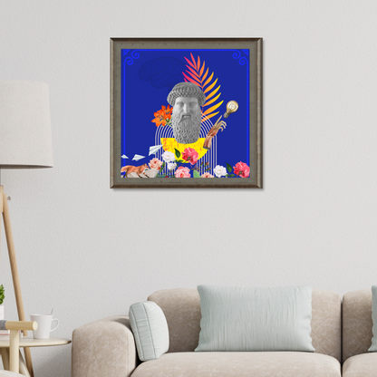 Framed Trickster Art Print displayed in a stylish home setting with a captivating digital artwork that adds a touch of humor and sophistication to any room.