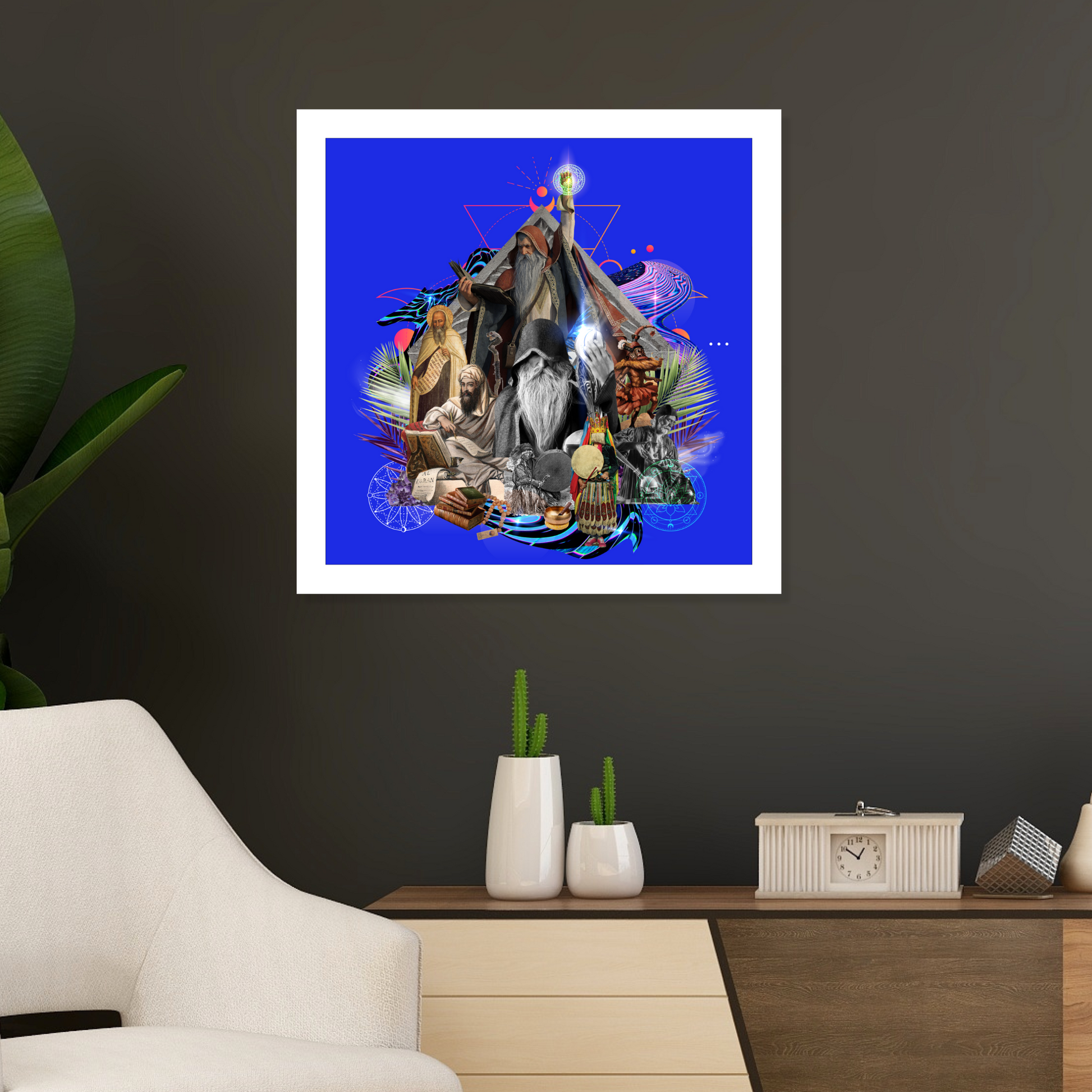 The Wizard Art Print displayed in a living room, showcasing enchanting digital artwork that symbolizes transformation and power, adding intrigue to home decor.