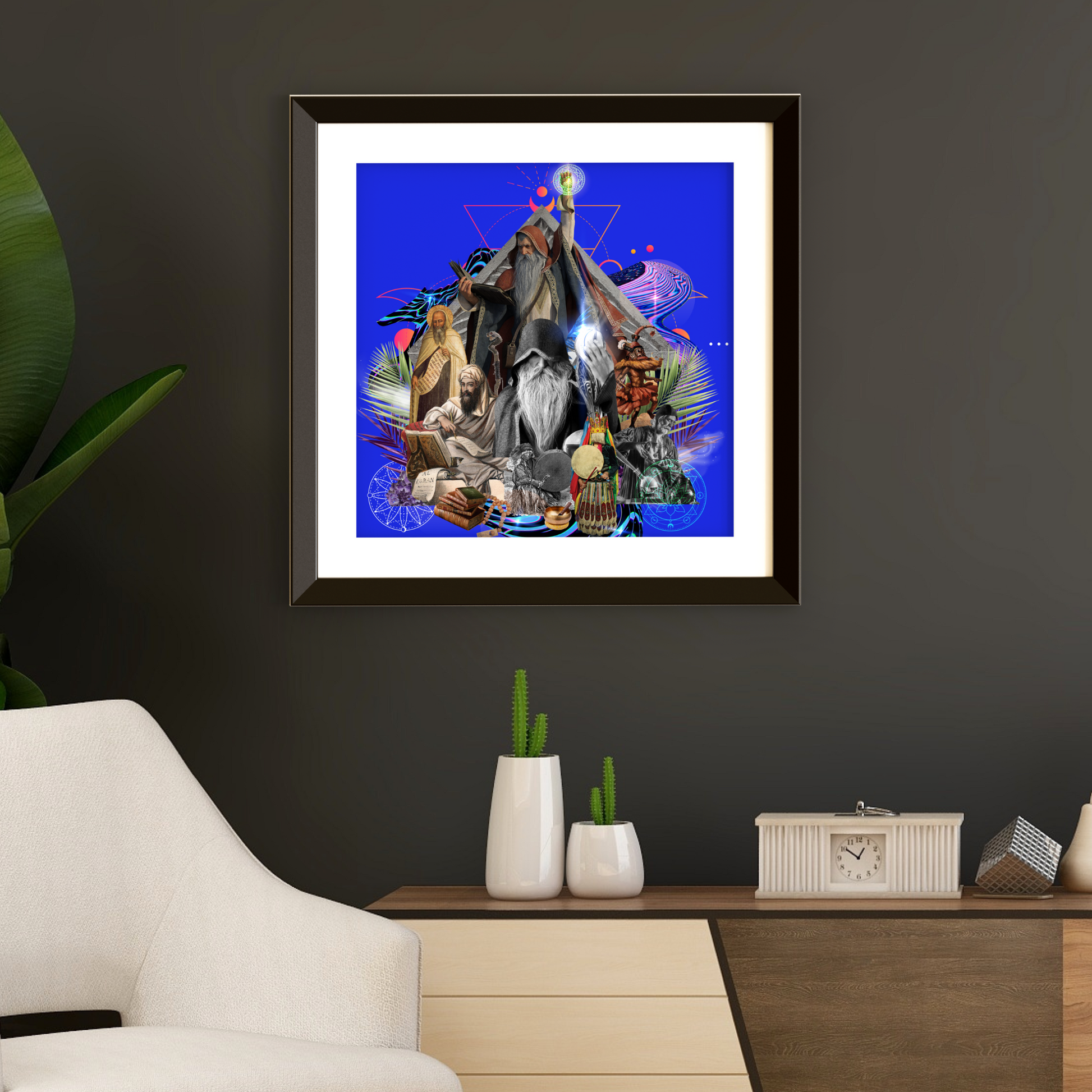 Framed The Wizard Art Print in a home setting, displaying a captivating digital artwork of a powerful archetype, enhancing home decor with mystical elegance.