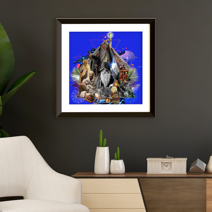 Framed The Wizard Art Print in a home setting, displaying a captivating digital artwork of a powerful archetype, enhancing home decor with mystical elegance.