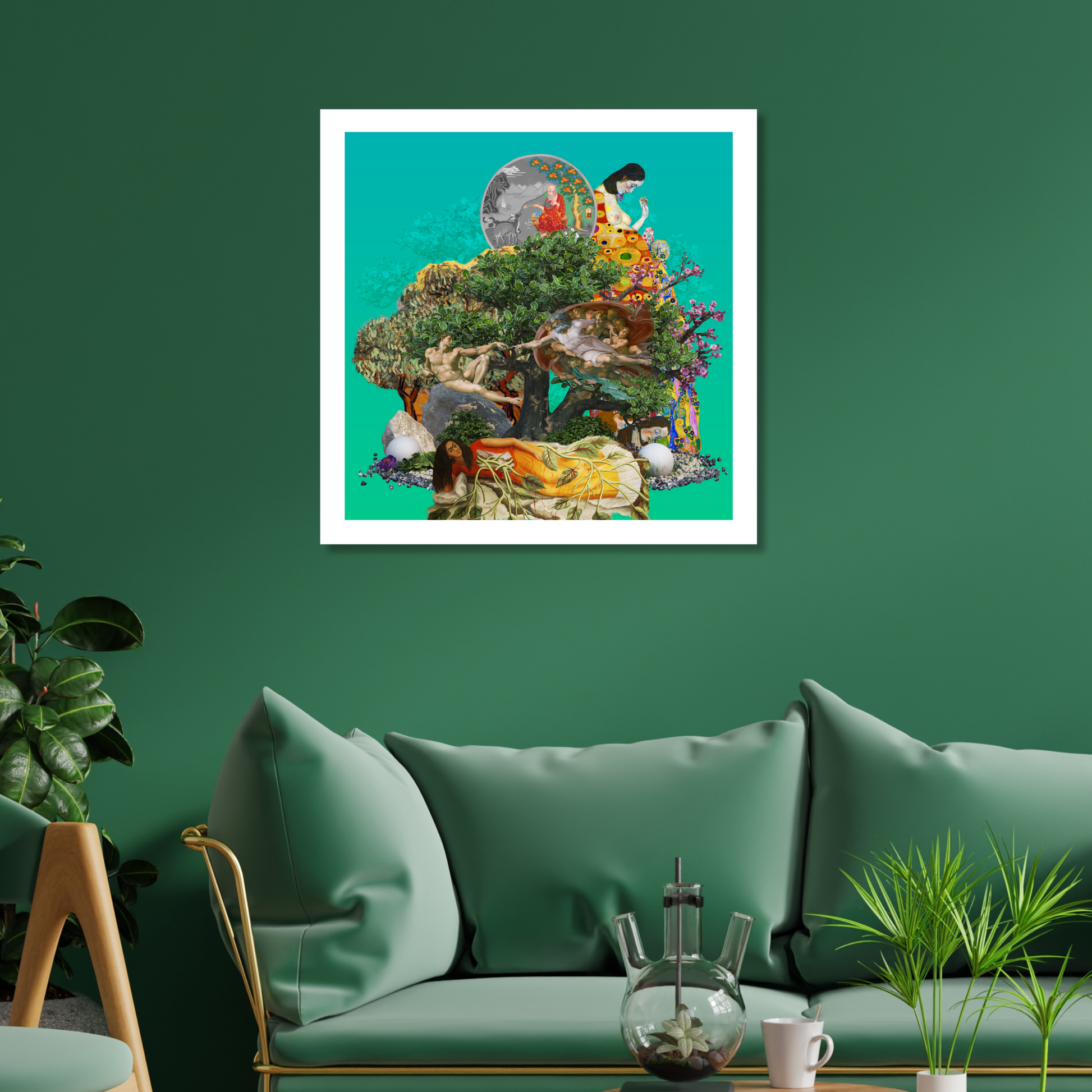 Trees Art Print displayed in a modern living room. The artwork shows detailed trees, emphasizing connections to life and nature, adding sophistication and tranquility to the space.