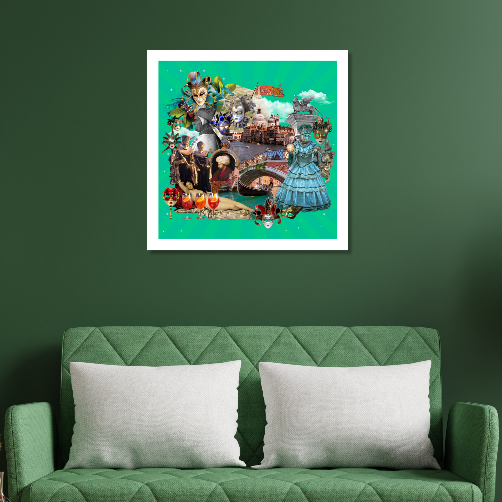Stunning Venice, Italy art print displayed in a home setting, showcasing famous Renaissance art, gondolas, and Venetian lions.