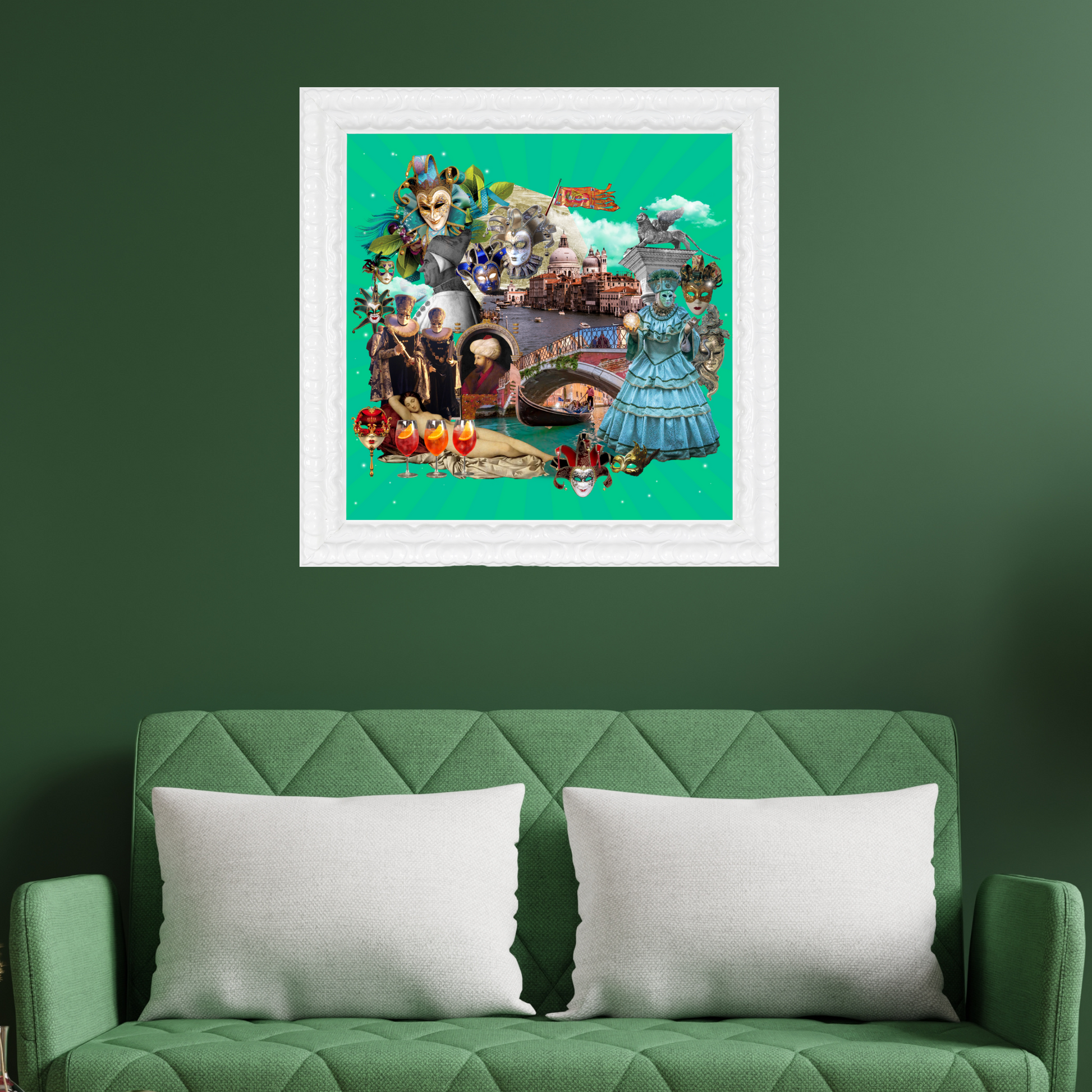 Venice, Italy art print framed and hung in a home, capturing the essence of historical art, gondolas, and the opulence of Venetian masks. 