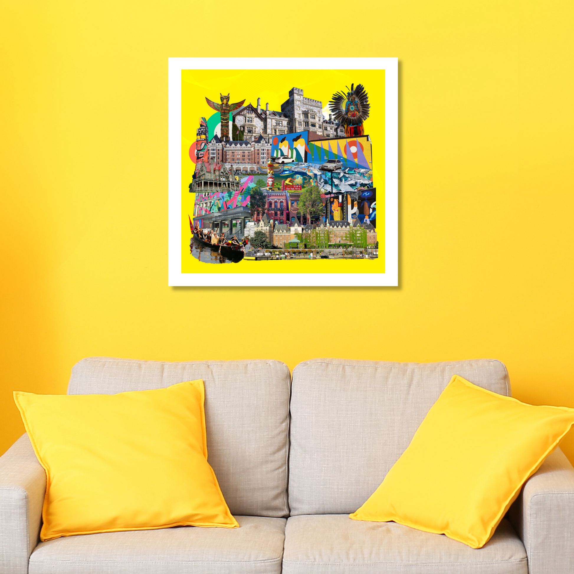 Victoria, Canada Art Print displayed on a home wall, showcasing beautiful flowers, gardens, and the narrow Fan Tan Alley. Includes elements of community art, bikes, and a famous painting from the Art Gallery of Greater Victoria.