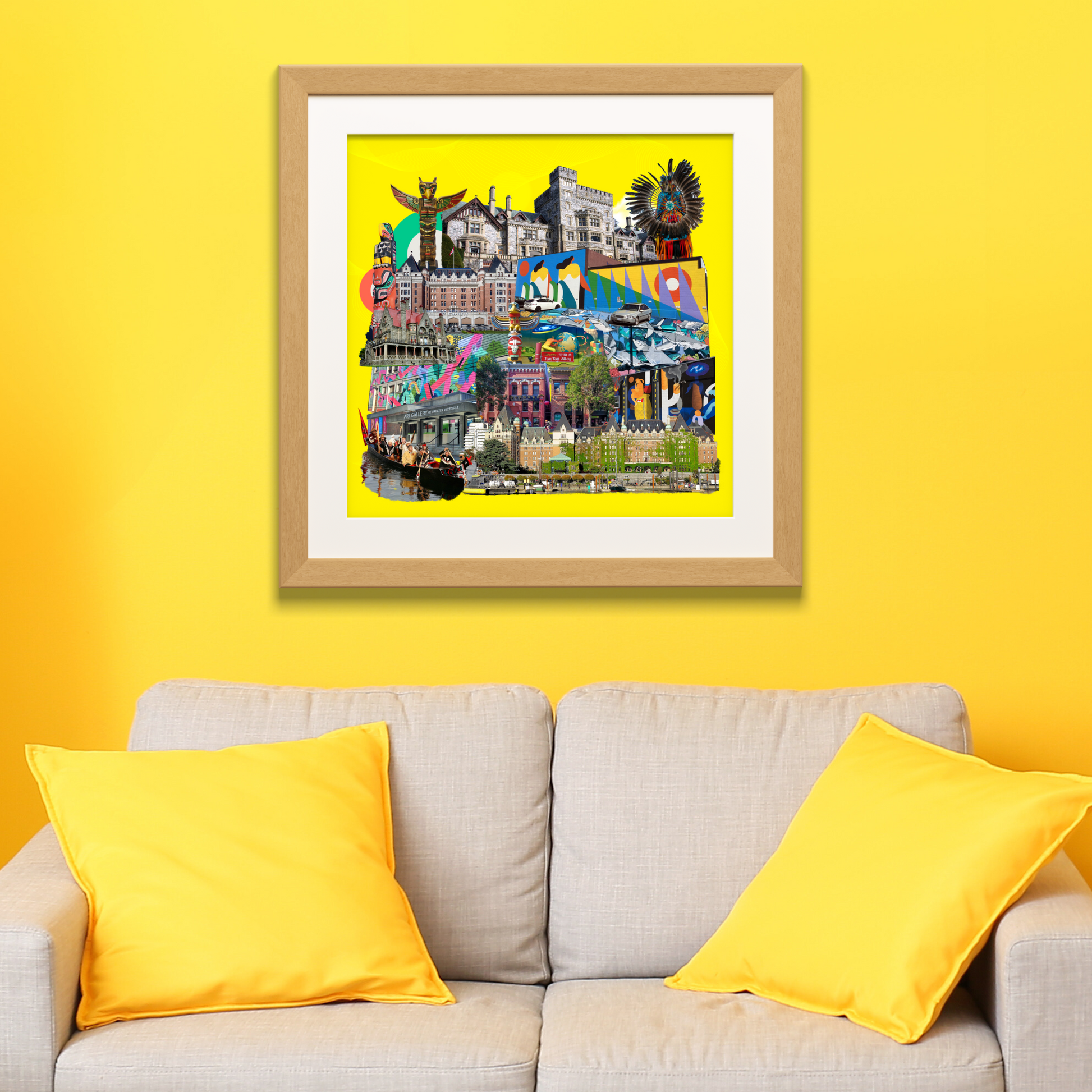 Framed Victoria, Canada Art Print on a home wall, featuring vivid original artwork of Victoria’s gardens, Fan Tan Alley, bikes, and street art. Also highlights a renowned painting from the Art Gallery of Greater Victoria.