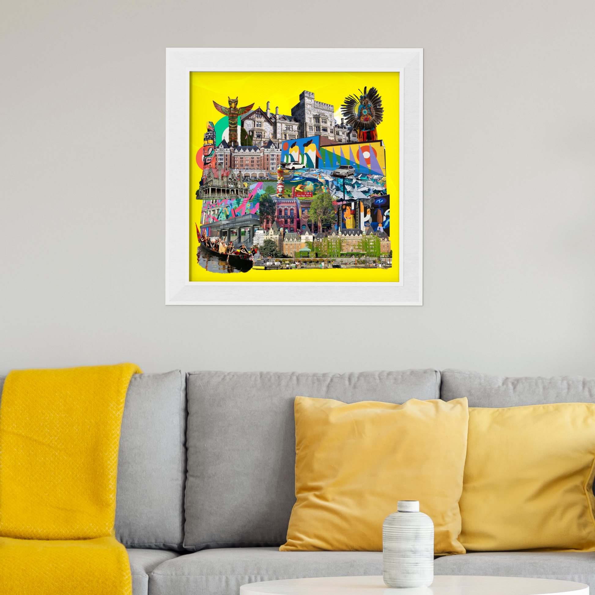Framed Victoria, Canada Art Print on a home wall, showcasing vivid digital artwork of the city’s gardens, Fan Tan Alley, bicycles, and street art. Also highlights a famous painting from the Art Gallery of Greater Victoria, celebrating the city’s artistic spirit.