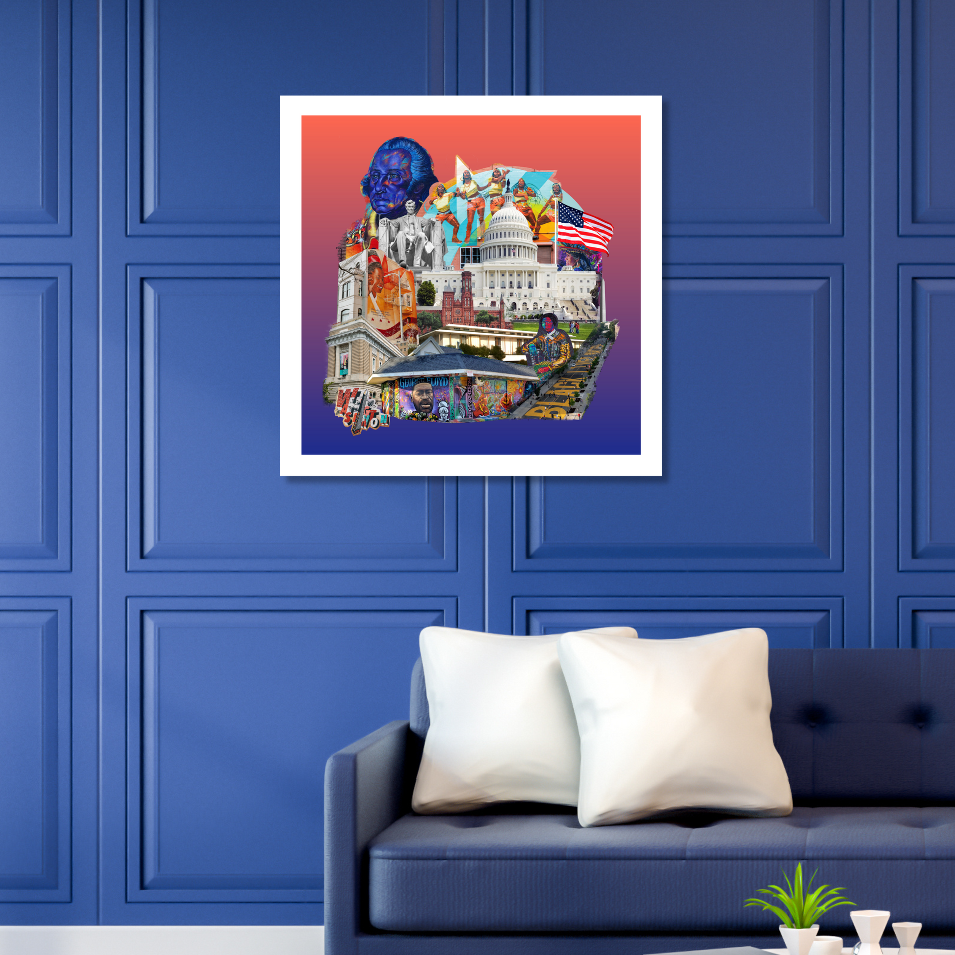 Washington, DC Art Print displayed on a home wall, showcasing vibrant original artwork of major landmarks like the Washington Monument, Lincoln Memorial, and influential murals.