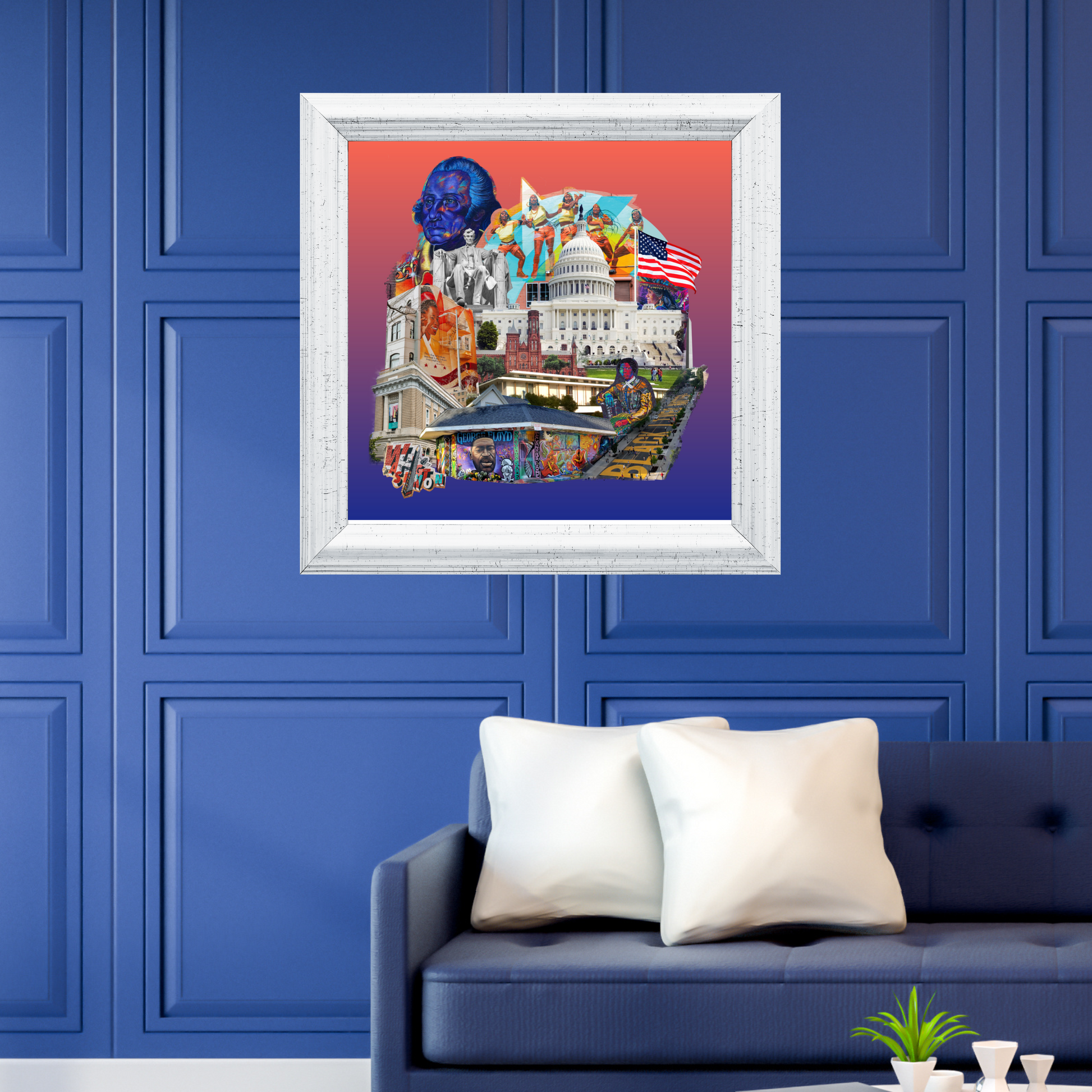 Washington, DC Art Print framed and hanging on the wall, highlighting historical monuments and murals, including George Floyd and Dontre Hamilton tributes, ideal for enhancing home decor.