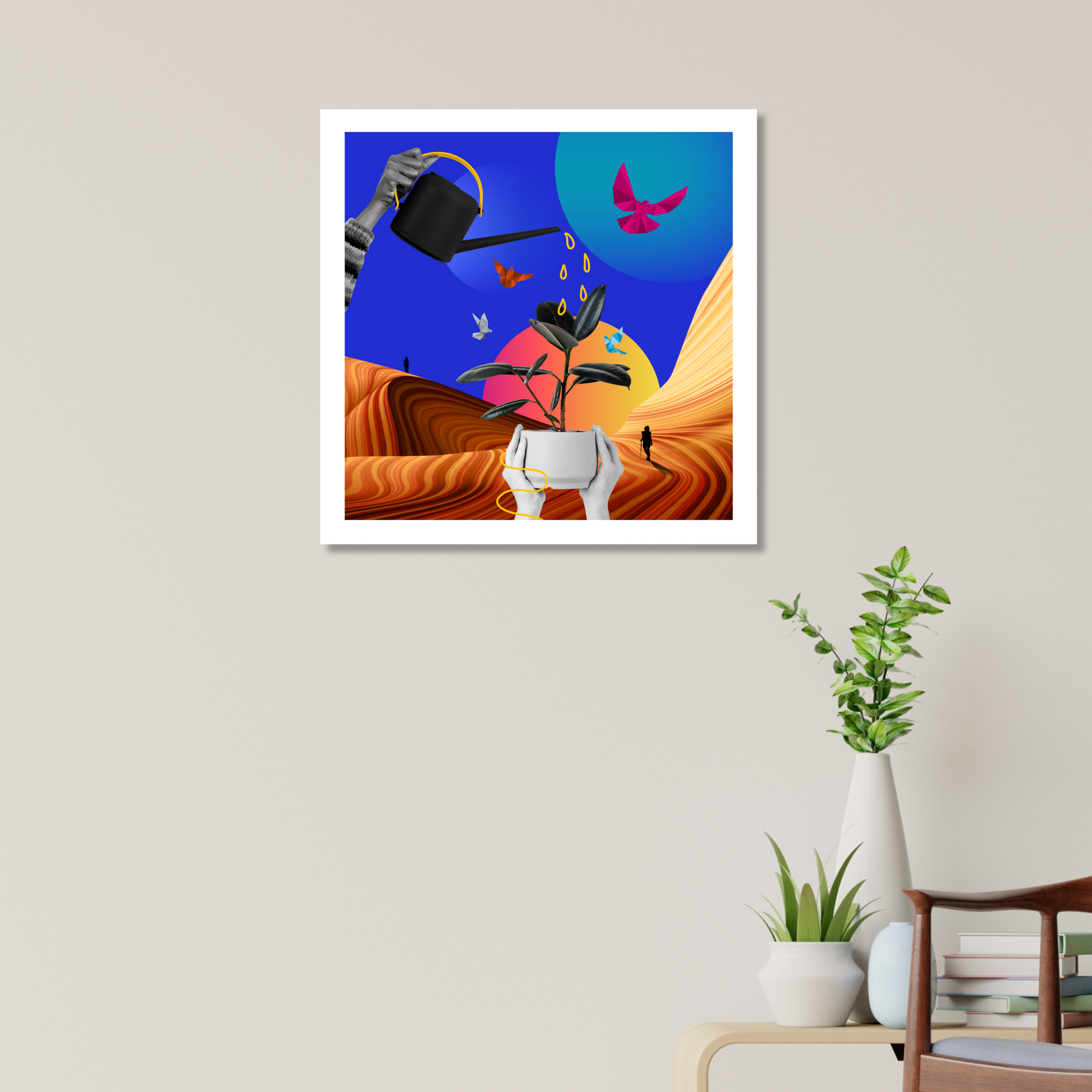 Water vs Desert Art Print displayed on a wall in a home, featuring original digital artwork that highlights the striking contrast between water and desert scenery.