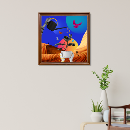 Framed Water vs Desert Art Print hanging on a wall in a living room, presenting captivating digital artwork that contrasts the beauty of water and the starkness of the desert.