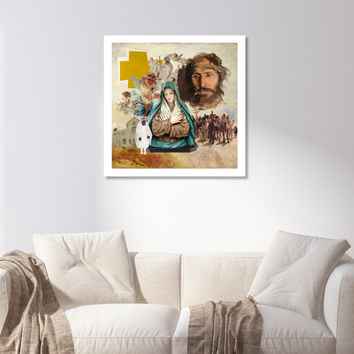 White Art Print on wall, an elegant original digital artwork symbolizing purity, peace, and light in a modern living room.