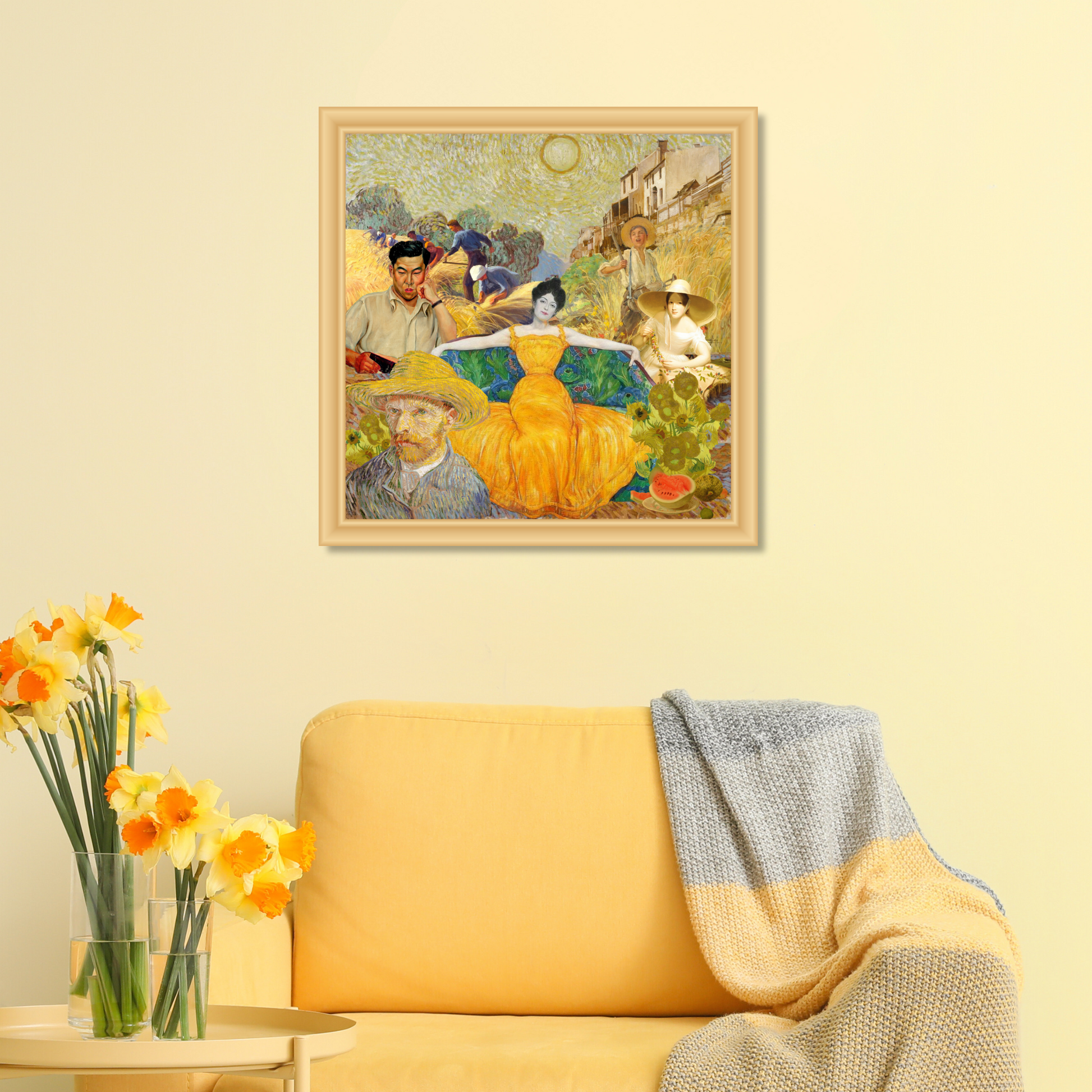 Framed Yellow Art Print on the wall, a vibrant and energetic decor piece for home or office.