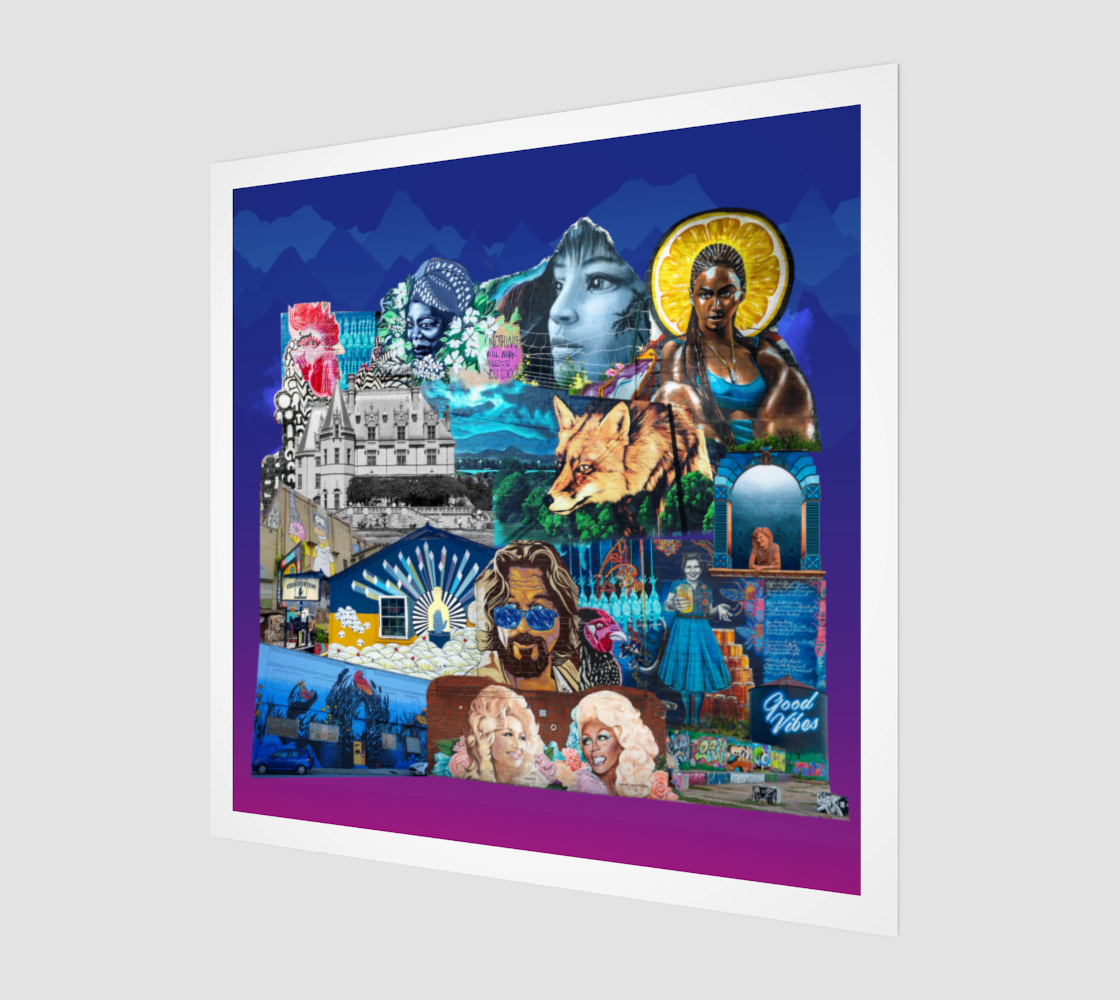Side view print of the Asheville, NC Art Print, emphasizing the detailed depiction of the Blue Ridge Mountains, the Biltmore Estate, and vibrant street art,