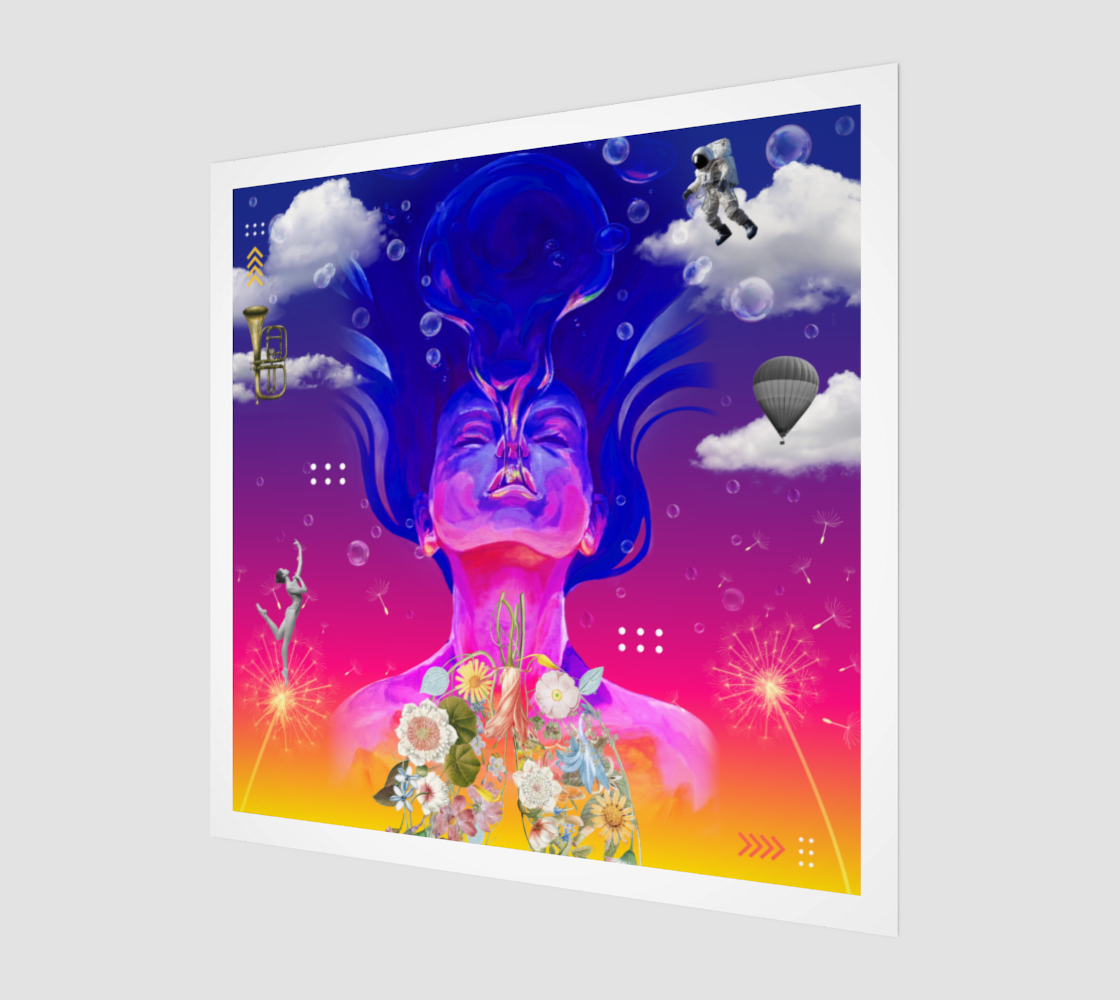 Side view print of the Breath Art Print showing detailed digital artwork of a girl with flower lungs underwater, accompanied by a trumpet and spaceman. 