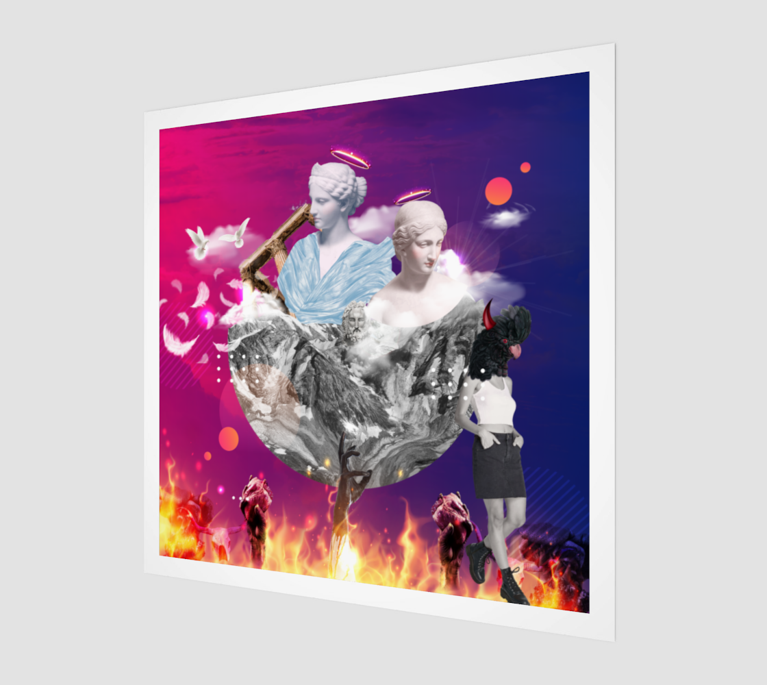 Side view print of the Heaven vs Hell Art Print, highlighting the detailed and original digital artwork depicting the intense contrast between heaven and hell