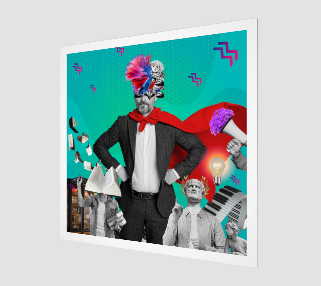 Side view of the Innate Wisdom vs Educated Stupidity art print, emphasizing the intricate digital artwork and vibrant details