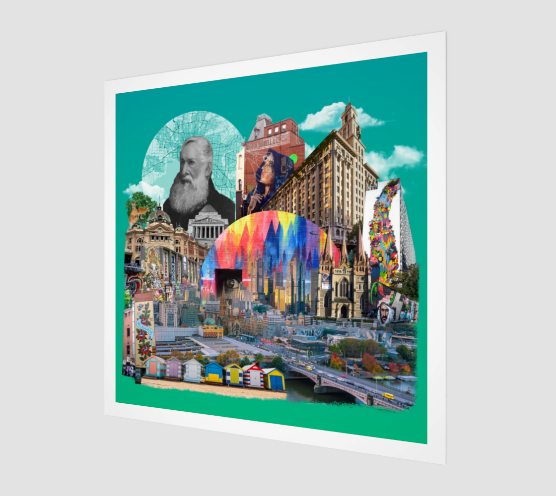 Side view print of Melbourne, Australia Art Print emphasizing the intricate details of the city's street art, museums, and architectural layout, embodying the spirit of peace and prosperity.