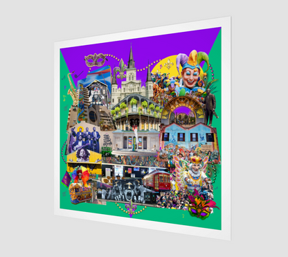 Side view print of New Orleans, Louisiana Art Print featuring intricate details of French Quarter architecture, vibrant street art, and Mardi Gras beads.
