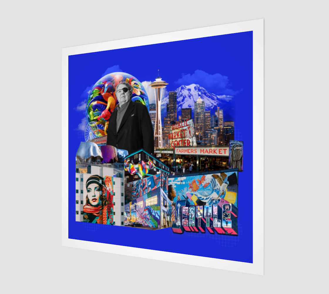Side view print of Seattle WA Art Print highlighting the detailed Space Needle, Seattle street art, and farmers markets, perfect as original artwork for home and office decor.