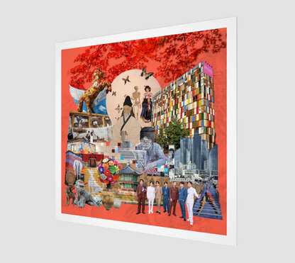 Side view print of Seoul, South Korea Art Print, highlighting detailed collage of preserved historic landmarks, ancient Korean art, and vibrant street art.