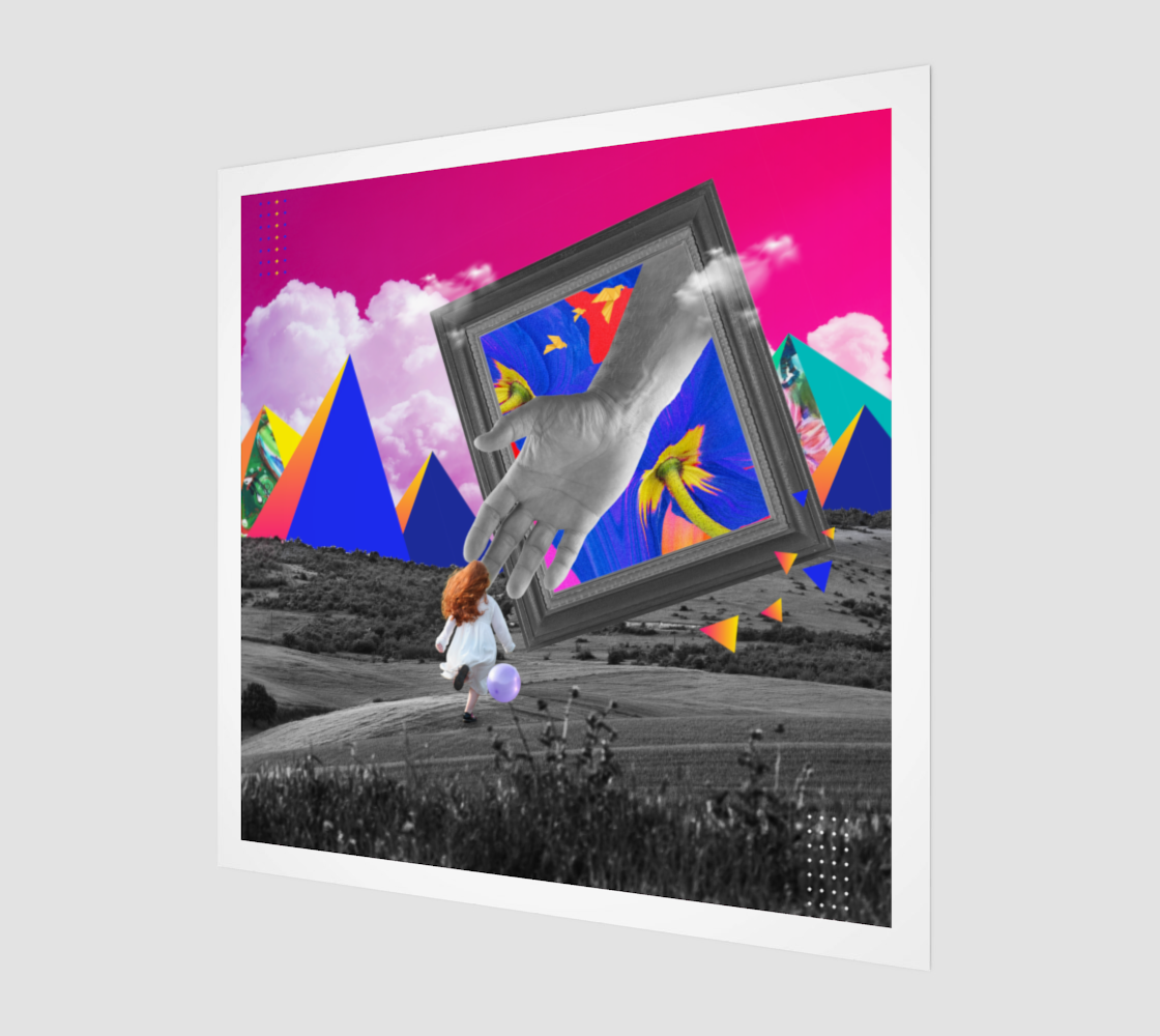 Side view print of The Fall Art Print, illustrating an innocent girl's reach towards a colorful but distorted paradise, where vibrant skies and warped objects signify a deceptive, unreachable world.