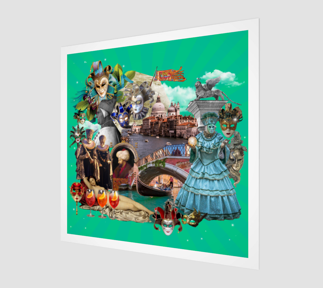 Side view print of Venice, Italy art print, highlighting detailed gondolas, famous Renaissance art, and iconic Venetian lions.